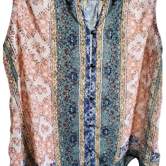 Knox Rose Womens Bohemian Pink/Green Top Size Small Earthy Semi-Sheer Tie-Front - Picture 6 of 13